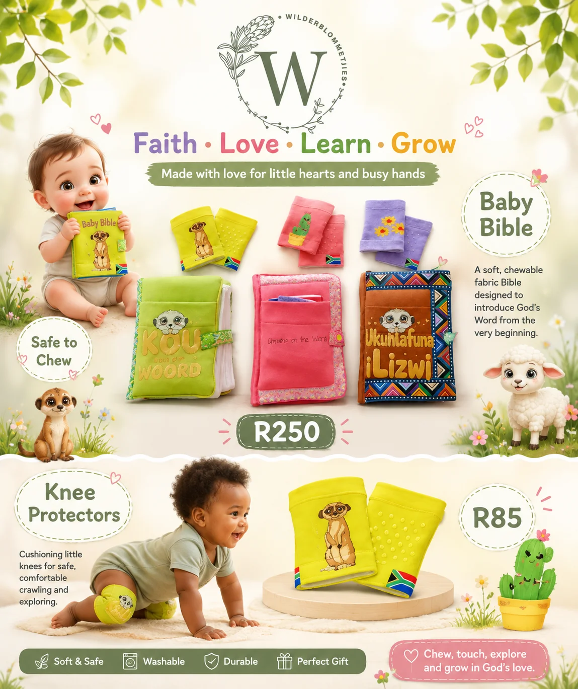 Wilderblommetjies Baby Bibles in green, pink and Zulu-pattern fabric covers, with yellow knee protectors