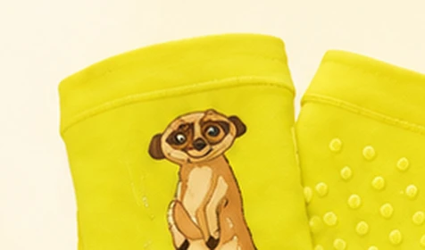 Yellow meerkat-print knee protectors for crawling babies