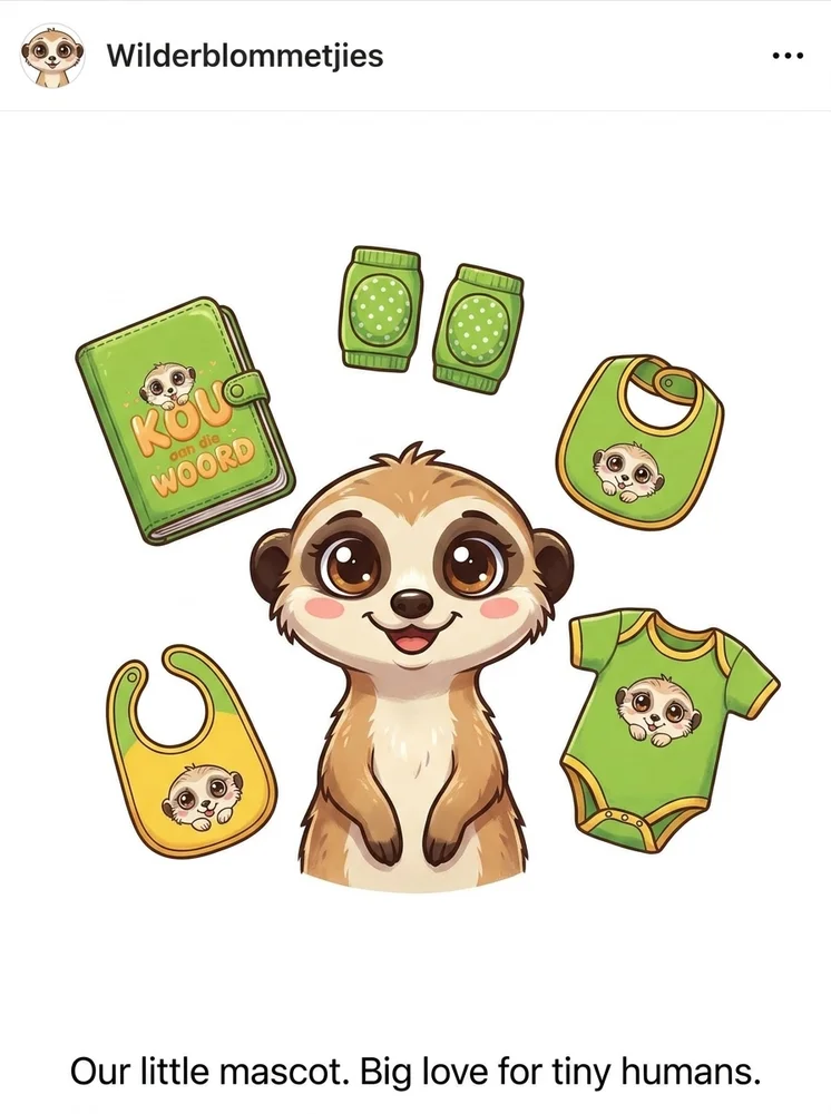 Wilderblommetjies meerkat mascot surrounded by the Baby Bible, knee protectors, bib and onesie
