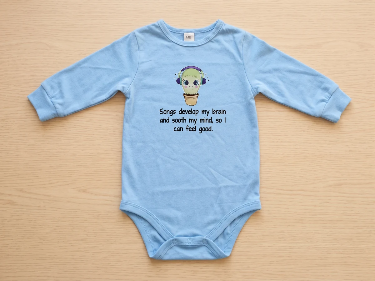 Light blue onesie with a headphone-wearing cactus print and matching bib