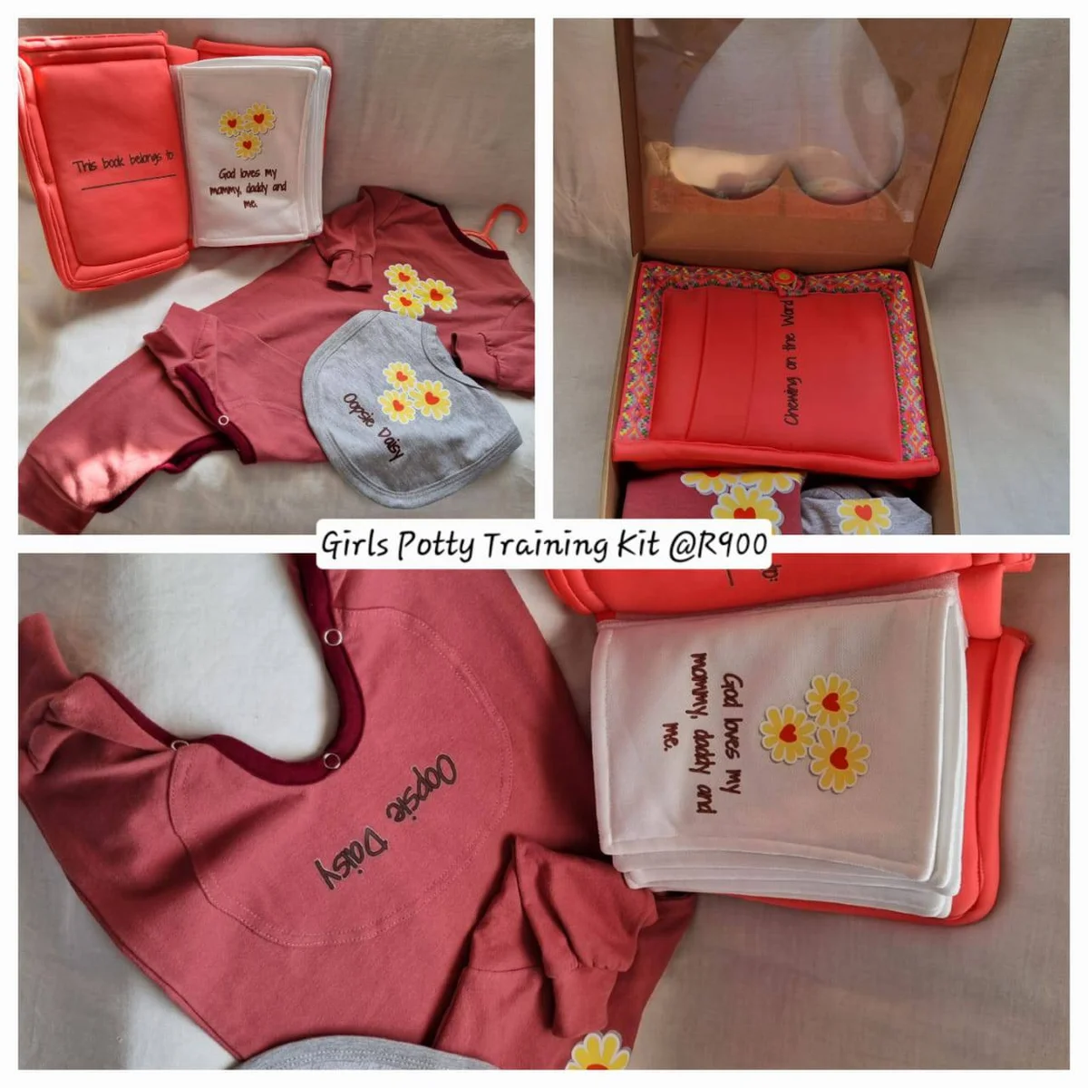 Girls potty training kit with fabric books and coordinated pink accessories